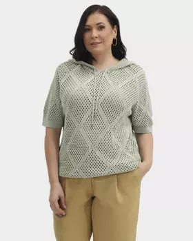 Хлопковый пуловер ажурной вязки с короткими рукавами и капюшоном