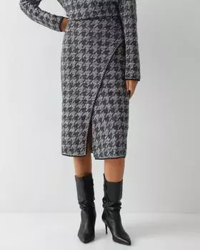 Юбка-миди из твидовой ткани пье-де-пуль с эластичным поясом и разрезом спереди