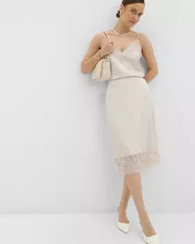Юбка-миди из вискозного сатина с отделкой из нежного кружева