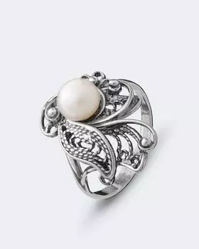 Кольцо из оксидированного серебра с жемчужиной, р. 17, цвет Биколор