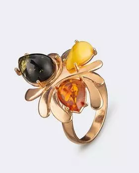 Кольцо из серебра позолоченное c натуральным янтарем разных оттенков, р. 17, цвет Позолота