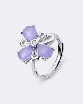 Кольцо с покрытием родием и нефритовым цветком