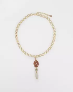 Колье «Анхель» с крупной подвеской из натуральных яшмы, агата и цирконов