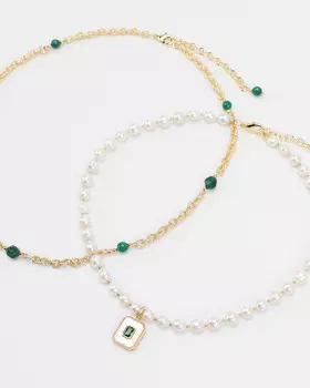 Колье двухсоставное с подвеской из перламутра, вставками из натурального жемчуга, хризопразом и цирконами