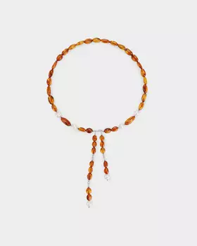 Колье на memory-тросе с янтарем и выращенным жемчугом