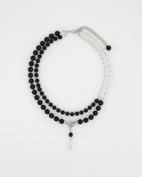 Колье «Наоми» двухрядное асимметричное из натуральных кварца, оникса, цирконов со съемной подвеской