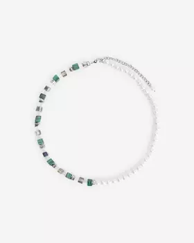 Колье с жемчугом Майорка, гематитом, хрусталем, кристаллами и искусственным малахитом