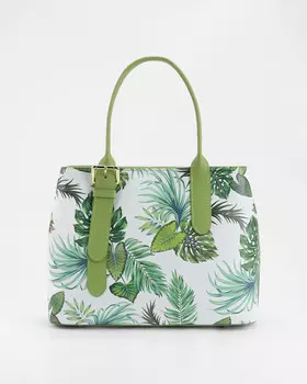 Кожаная сумка с эффектным принтом, ручками с пряжками и регулируемым ремнем