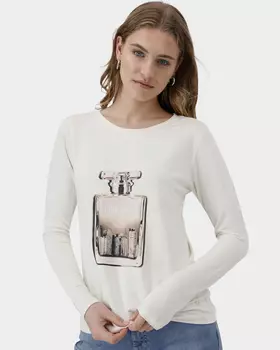 Лонгслив из тонкого футера с принтом и стразами