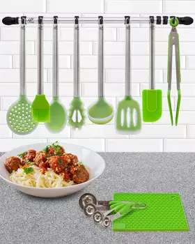 Набор 14 предметов: 8 навесок, силиконовая прихватка, набор мерных ложек, рейлинг с 10 крючками