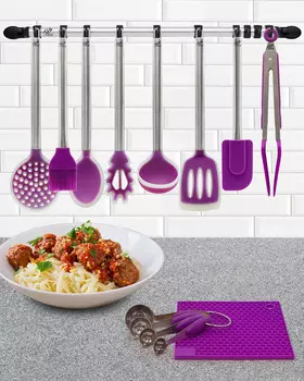 Набор 14 предметов: 8 навесок, силиконовая прихватка, набор мерных ложек, рейлинг с 10 крючками