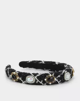 Ободок из твидового текстиля с люрексом, украшенный стразами, кристаллами и искусственным жемчугом