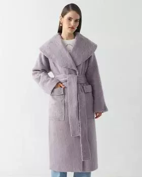 Пальто-халат с поясом и накладными карманами с шерстью в составе