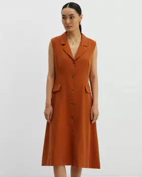 Платье миди из тенсела и льна приталенного силуэта с застежкой на пуговицы