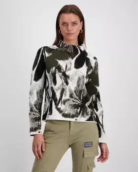 Пуловер из натурального хлопка с жаккардовым цветочным узором и воротником-стойкой