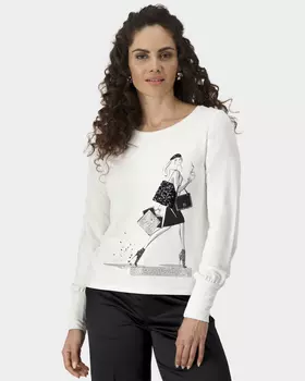 Пуловер из тонкого футера с принтом, пайетками и стразами