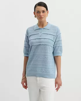 Поло из смесового хлопка ажурной вязки