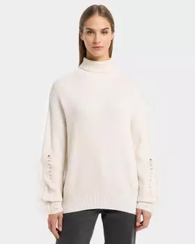 Пуловер с воротником-стойкой и бахромой на рукавах