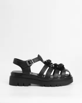 Сандалии из натуральной кожи с регулируемой застежкой велкро и декоративными элементами-цветами