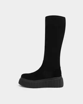 Сапоги из натуральной замши и текстиля на высокой ребристой подошве