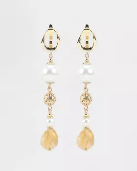 Серьги фантазийной формы с жемчугом Майорка и вставками цитрина