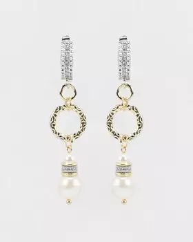 Серьги оригинальной формы со швензами, инкрустированными цирконами, натуральным жемчугом и жемчугом Майорка