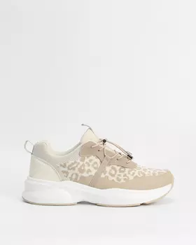 Кроссовки из комбинации материалов с анималистическим принтом и эластичной шнуровкой