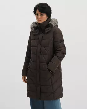 Стеганая куртка с капюшоном с мехом и разрезом по низу спинки на молнии