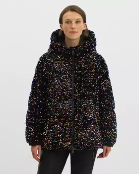 Стеганый пуховик на двухсторонней молнии с разноцветными переливающимися пайетками