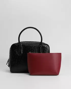 Сумка из комбинации материалов под кожу страуса с контрастной подкладкой и косметичкой на молнии