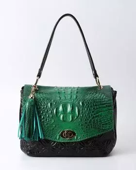 Сумка кроссбоди из натуральной кожи с тиснением под рептилию, с дополнительным ремешком и съемным декором – кистью