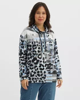 Толстовка прямого кроя с воротником-стойкой на кулисе и спущенной линией плеч