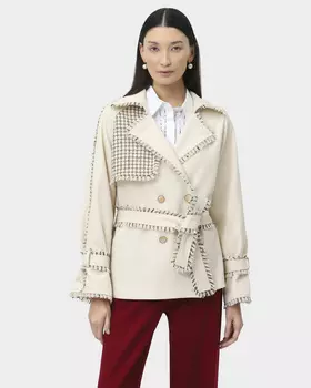 Укороченный двубортный тренчкот прямого силуэта с твидовой отделкой