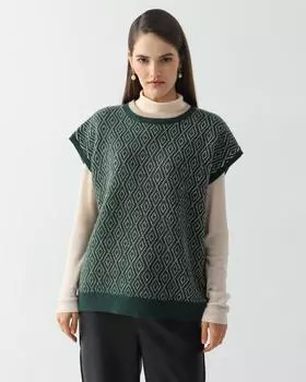 Жилет свободного кроя с контрастным геометрическим рисунком и шерстью в составе