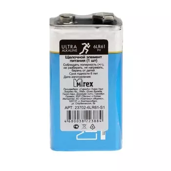 Батарейка алкалиновая Mirex, 6LR61-1S, 9В, крона, спайка, 1 шт.