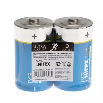 Батарейка алкалиновая Mirex, D, LR20-2S, 1.5В, спайка, 2 шт.