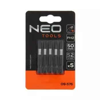 Биты ударные NEO 09-576, PH2 х 50 мм, 1/4", S2, система поглощения крутящего момента, 5 шт.