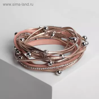Браслет кожа «На магните» бусинки, бело-бежевый в серебре, 38 см