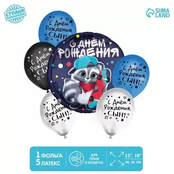 Букет из шаров «С Днём Рождения, сын», енотик, латекс, фольга, набор 6 шт.