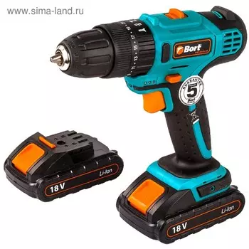 Дрель-шуруповерт Bort BAB-18Ix2Li-FD, ударная, 18 В, 400/1500 об/мин, 2 скорости, реверс