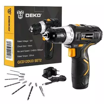 Дрель-шуруповерт DEKO GCD12DU3 SET2, 12 В, 1.5 Ah, 1 Li-lon, 1500 об/мин, 10 мм, 32 Hm