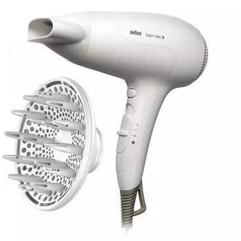 Фен Braun HD 385 Satin Hair3, 2000 Вт, 2 скорости, 3 режима, 2 насадки, белый