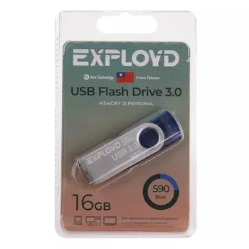 Флешка Exployd 590, 16 Гб, USB3.0, чт до 70 Мб/с, зап до 20 Мб/с, синяя