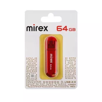 Флешка Mirex CANDY RED, 64 Гб ,USB2.0, чт до 25 Мб/с, зап до 15 Мб/с, красная