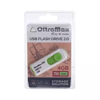Флешка OltraMax 250, 4 Гб, USB2.0, чт до 15 Мб/с, зап до 8 Мб/с, зелёная