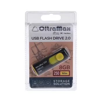 Флешка OltraMax 250, 8 Гб, USB2.0, чт до 15 Мб/с, зап до 8 Мб/с, жёлтая