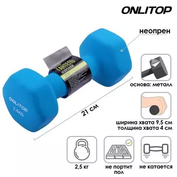Гантель неопреновая ONLITOP, 2,5 кг, цвета МИКС