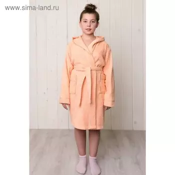 Халат для девочки с капюшоном, рост 134 см, персиковый, махра