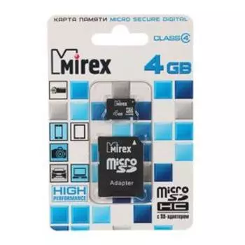 Карта памяти Mirex microSD, 4 Гб, SDHC, класс 4, с адаптером SD