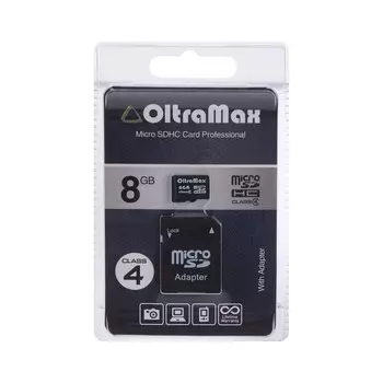 Карта памяти OltraMax MicroSD, 8 Гб, SDHC, класс 4, с адаптером SD